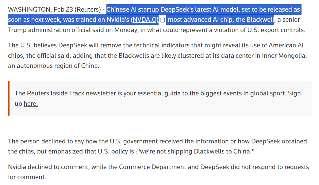 DeepSeek reportedly trained its upcoming model on Nvidia’s top-tier Blackwell chips - despite U.S. export controls banning their shipment to China.

A senior U.S. official said the chips were likely clustered in an Inner Mongolia data center and that DeepSeek may attempt to erase