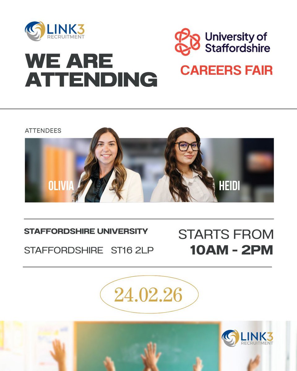 👋 Come and Say Hello!

We are attending the University of Staffordshire Careers Fair today!

Feel free to drop by, we would love to chat and help you take the next step in your education career!

#StaffordshireUniversity #EducationRecruitment #Link3Recruitment