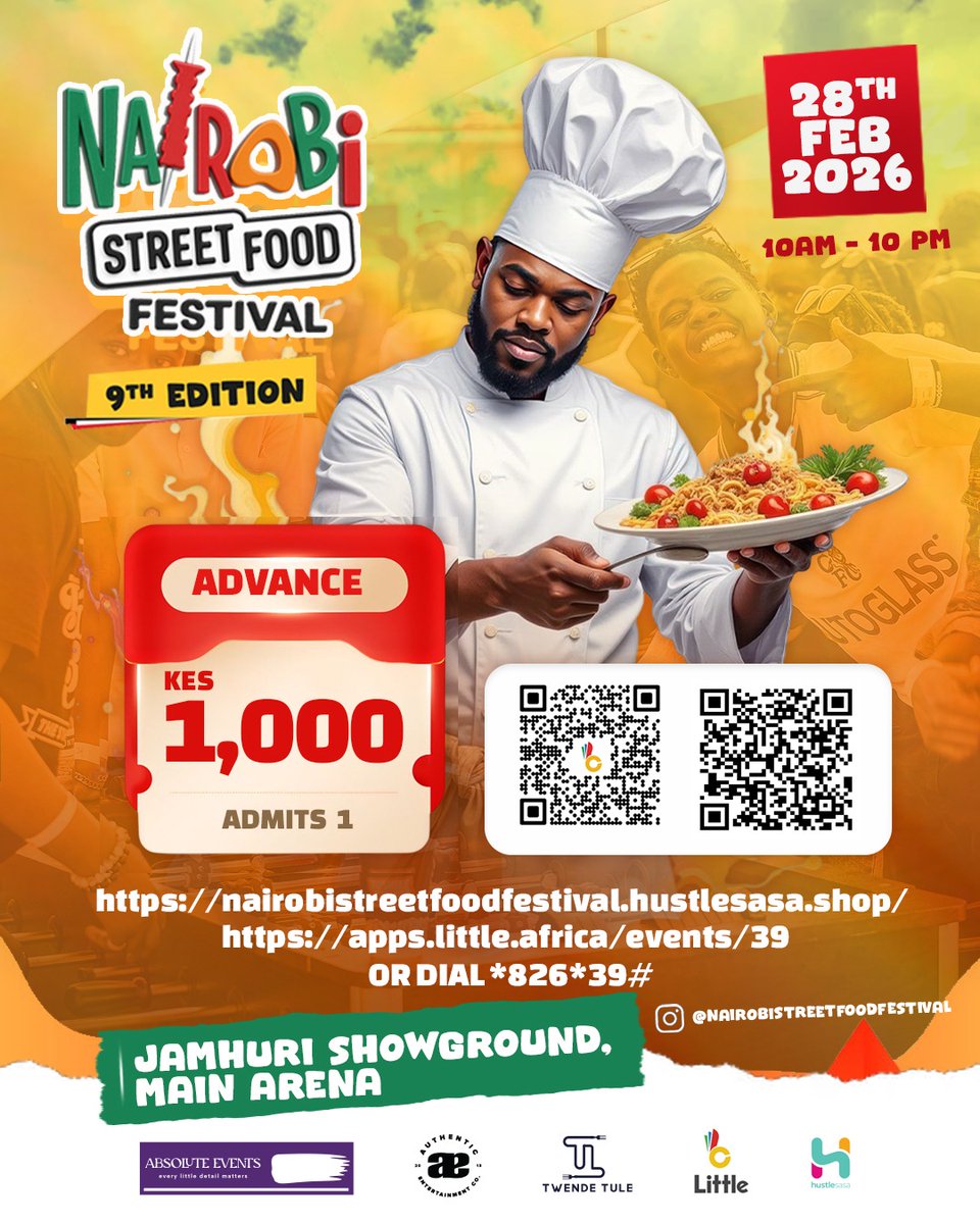 Nairobi’s ultimate street food experience is back for the 9th Edition! #TwendeniNairobiStreetFoodFestival 
Get ready for a day of incredible food diversity, vibrant culture, and the best community vibes at Jamhuri Grounds.
📍 Jamhuri Grounds, Main Arena
🗓️ Saturday, 28th Feb 2026