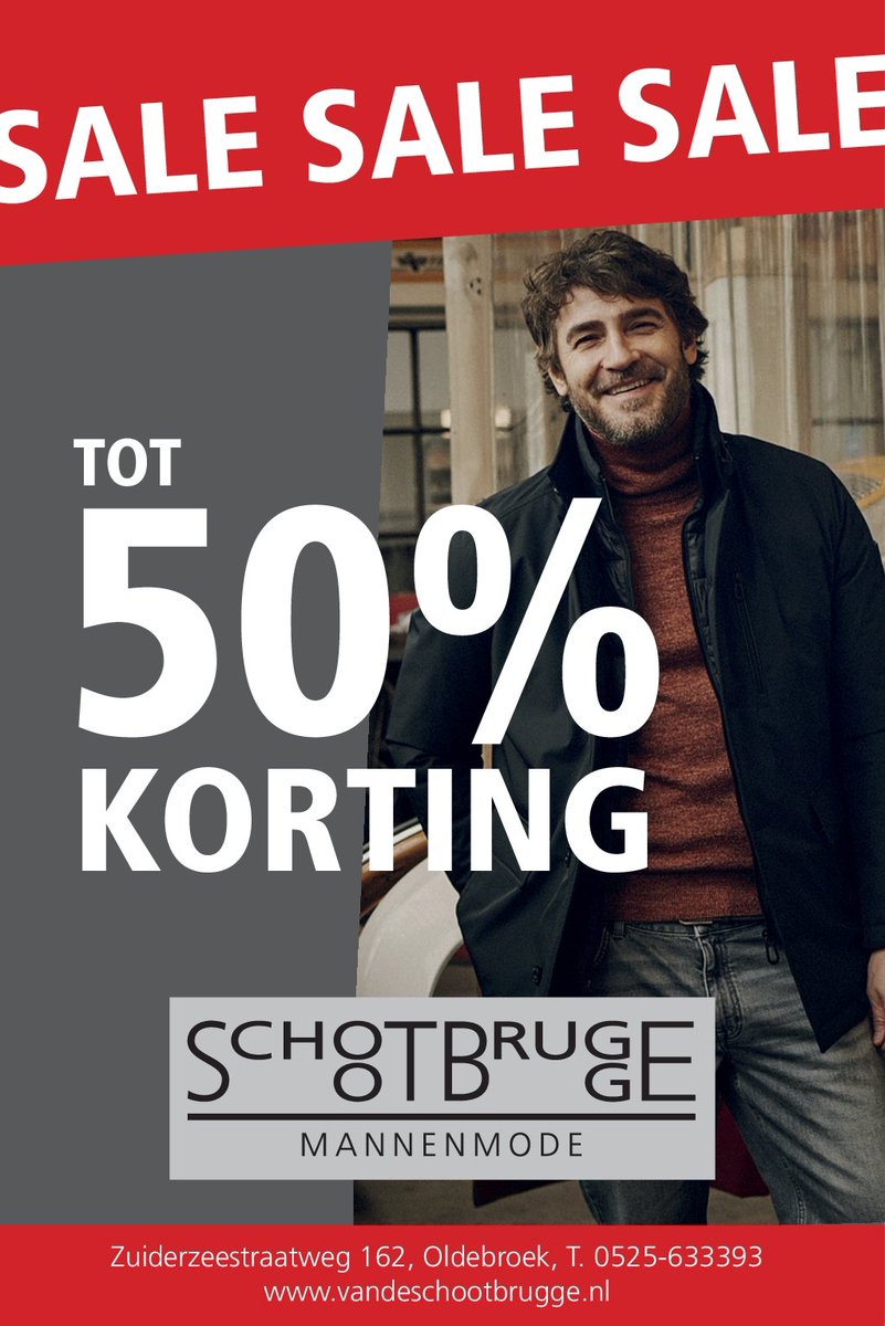 Nog een paar dagen SALE tot 50% korting bij Schootbrugge Mannenmode te Oldebroek Heerlijke, warme en comfortabele stoffen in mooie kleuren en dessins! Voorjaarcollectie komt al binnen! Binnenkort een feest of speciale gelegenheid? Ons verkoopteam zal u graag helpen en adviseren!