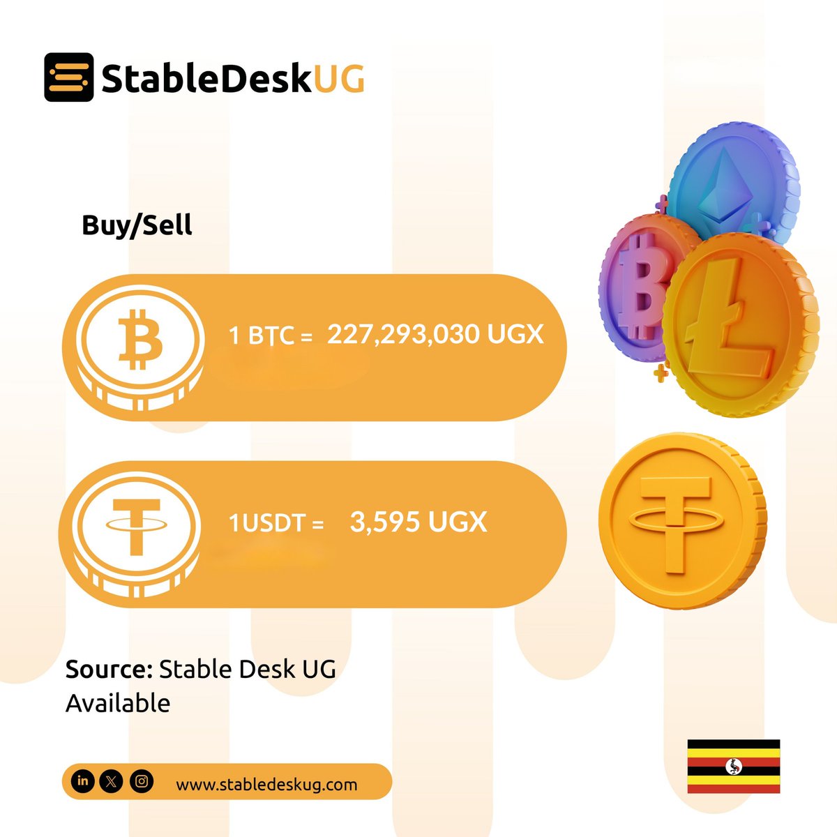 🚨 CRYPTO MARKET UPDATE: BTC down by  4.4 % in 24hrs! 📉
Latest Prices in UGX 
1 USDT ≈ 3,595
1 USDC ≈ 3,595
1 BTC = 227,293,030.70
1 ETH =   6,893,423.45 
1 SOL = 274,767.47 
What's your play? #CryptoUG #Bitcoin #MarketUpdate