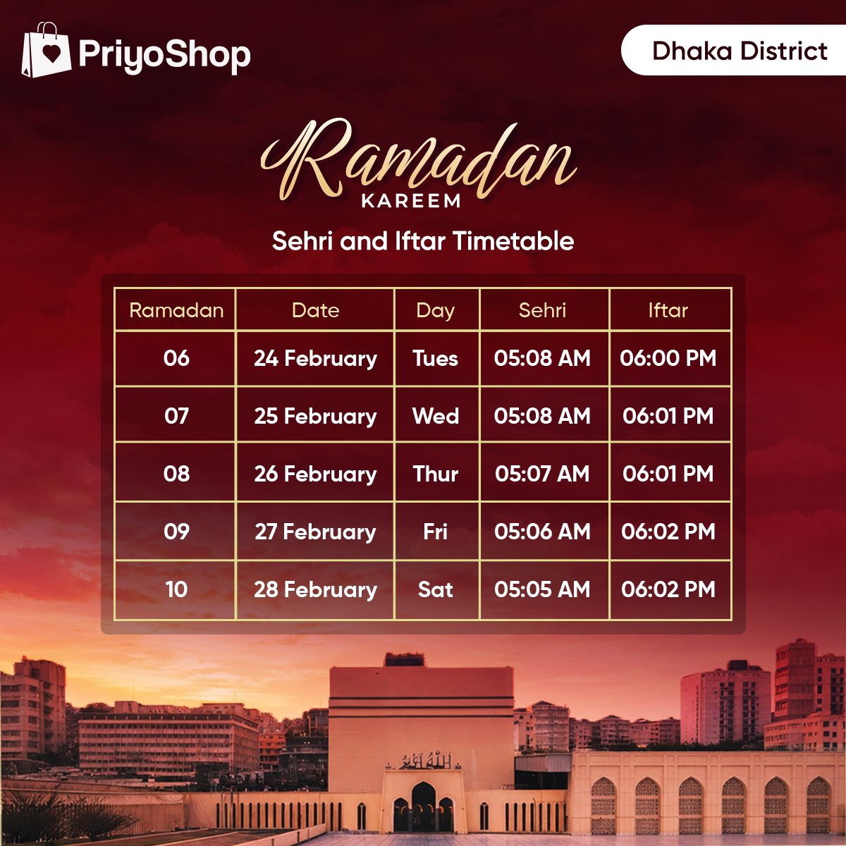 priyoshopb2b's tweet photo. Stay on schedule with our Sehri and Iftar calendar:

(Timing may vary slightly across different districts)

#PriyoShop #RamadanTime #B2BMarketplace #Ramadan2026 #Bangladesh https://t.co/c8WceSyI85