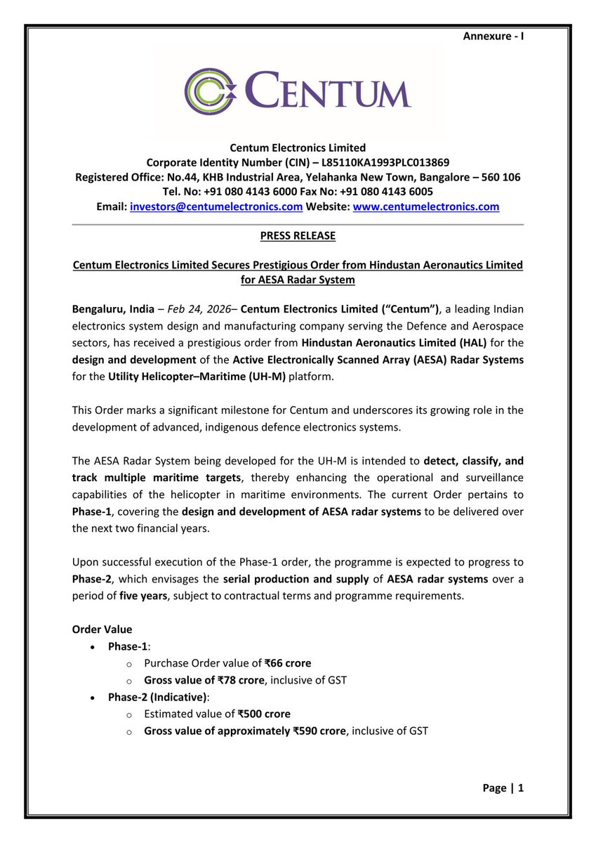 AjayshreeSamby3's tweet photo. ⚡⚡⚡
#CentumElectronics received a 66 crore order from #HAL for design and development of an AESA Radar for Utility Helicopter-Marine (UH-M) for next two years.
*️⃣Means UH-M is 4-5 years away from induction.