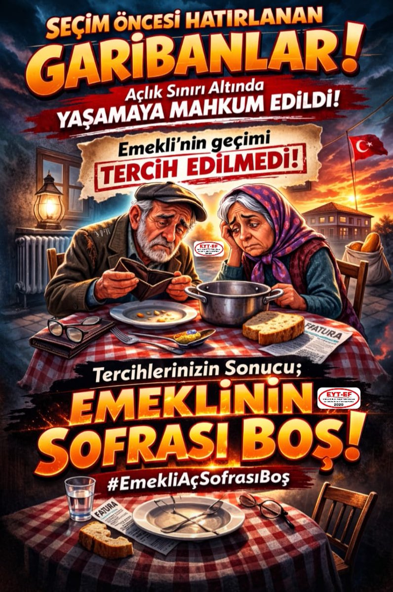 Seçim öncesi hatırlanan GARİBANLAR

Ödediği primlerin karşılığında
Açlık sınırı altında yaşamaya mahkum edildi

#Emekli 'nin geçimi tercih edilmedi

Tercihlerinizin sonucu
Emeklinin Sofrası Boş!

#EmekliAçSofrasıBoş
#5000KısmideSofraBomboş
<a href="/isikhanvedat/">Prof. Dr. Vedat Işıkhan</a> 
Sedat Peker Manevi