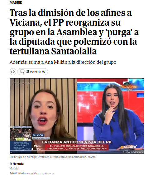 Arrea mi vieja. Que leo en EL INMUNDO que en las purgas internas de AYUSO ha caído también ELISA VIGIL, la simpática diputada de la Asamblea de Madrid que hacía gracietas de mal gusto con la forma de vestir de <a href="/SarahPerezSanta/">Sarah Santaolalla. ♀</a> 

Pues me dáis un disgusto

x.com/remerikos/stat…