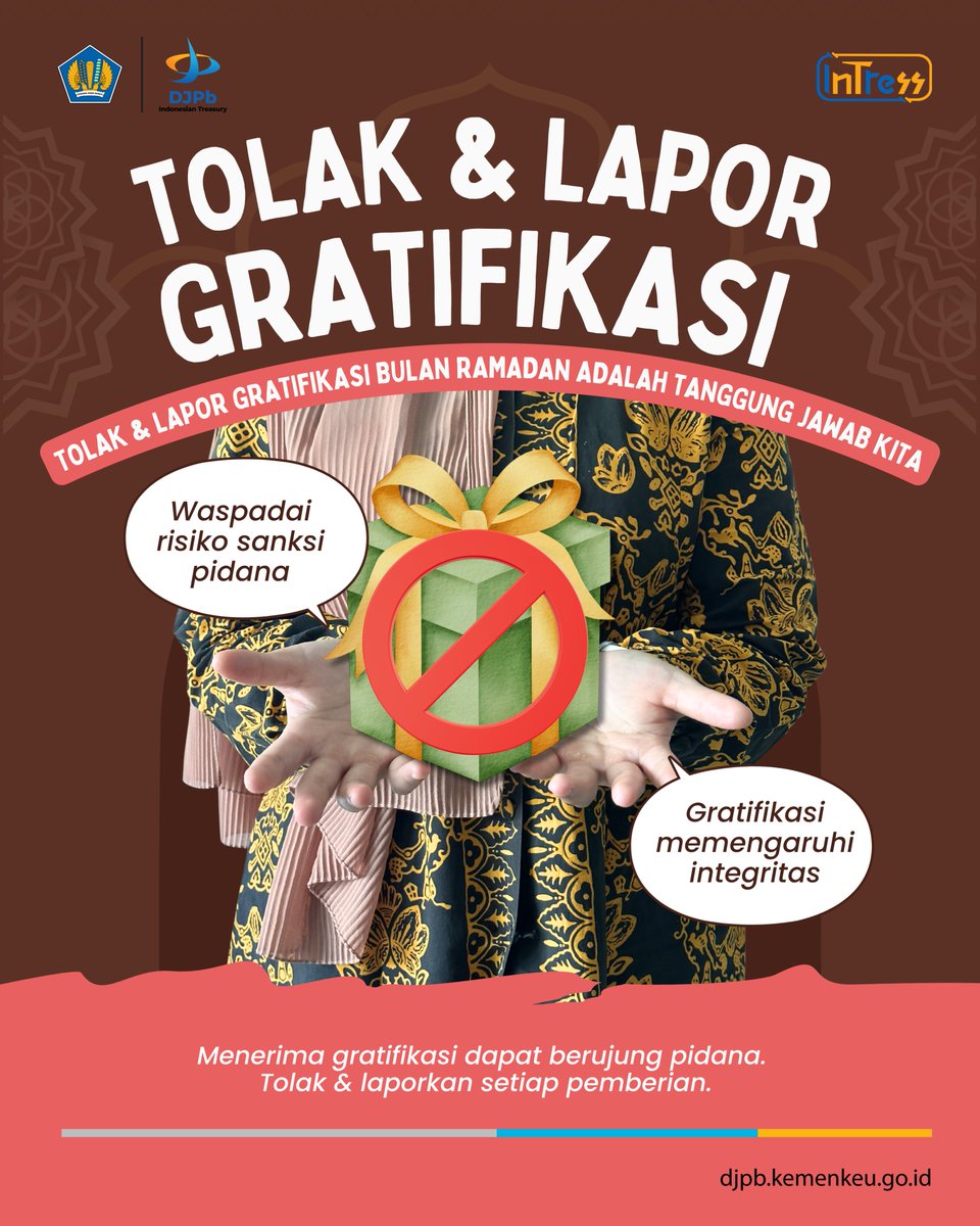 kppn_mataram's tweet photo. Halo #SemetonKPPNMataram 👋  Bulan Ramadan adalah momentum untuk memperkuat integritas dan menjaga amanah. Setiap bentuk gratifikasi, dalam alasan apa pun, berpotensi menimbulkan konflik kepentingan dan konsekuensi hukum. https://t.co/TCDQGI9cJJ