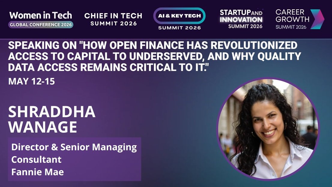 WomenTechNet's tweet image. ⭐🎤 WTGC 2026 Speaker Spotlight

Shraddha Wanage — Director &amp;amp; Senior Managing Consultant, Fannie Mae

“How Open Finance Has Revolutionized Access to Capital to Underserved…”

📅 May 12–15, 2026 | 🌍 Virtual
👉 shop.womentech.net/products/100-a…

#WTGC2026 #ShraddhaWanage #OpenFinance