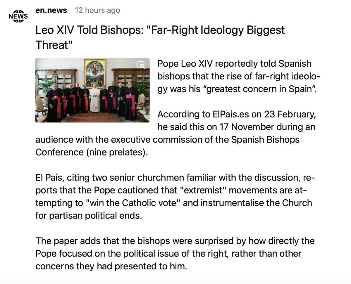 ProtecttheFaith's tweet photo. Leo XIV Told Bishops: "Far-Right Ideology Biggest Threat"

Not loss of millions of souls to Hell through widespread dissemination of heresy and immorality

Not billions of babies murdered through abortion

Not criminal invaders raping and murdering European girls and women

Not globalist dictatorship seeking to send free speech

https://t.co/V2gSQ0PCee