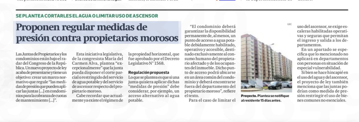 Para los morosos 🚨⚠️
Desde el legislativo, hay preocupación por el que se cumplan los pagos y se propone, bajo el PL, que la JP puede restringir el servicio de agua potable y el ascensor a un propietario moroso, además de otros bienes comunes no esenciales.
Hoy en Gestión
