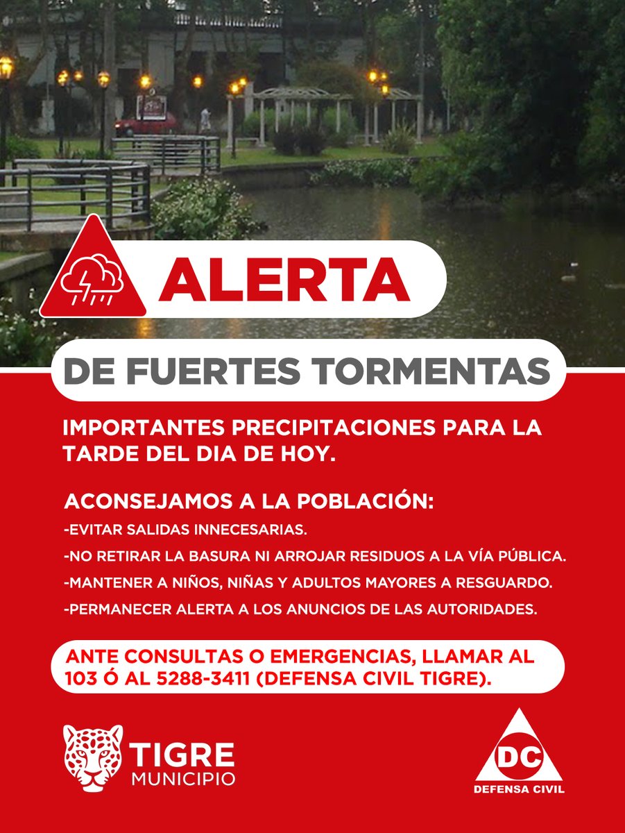 AlertaTigre's tweet photo. Servicio Meteorológico Nacional Informa: ALERTA AMARILLA POR TORMENTAS en @MunicipioTigre
Emergencias:
☎️ 103
☎️ 5288-3411
#DCTigre #COT https://t.co/Qev05tlYtg