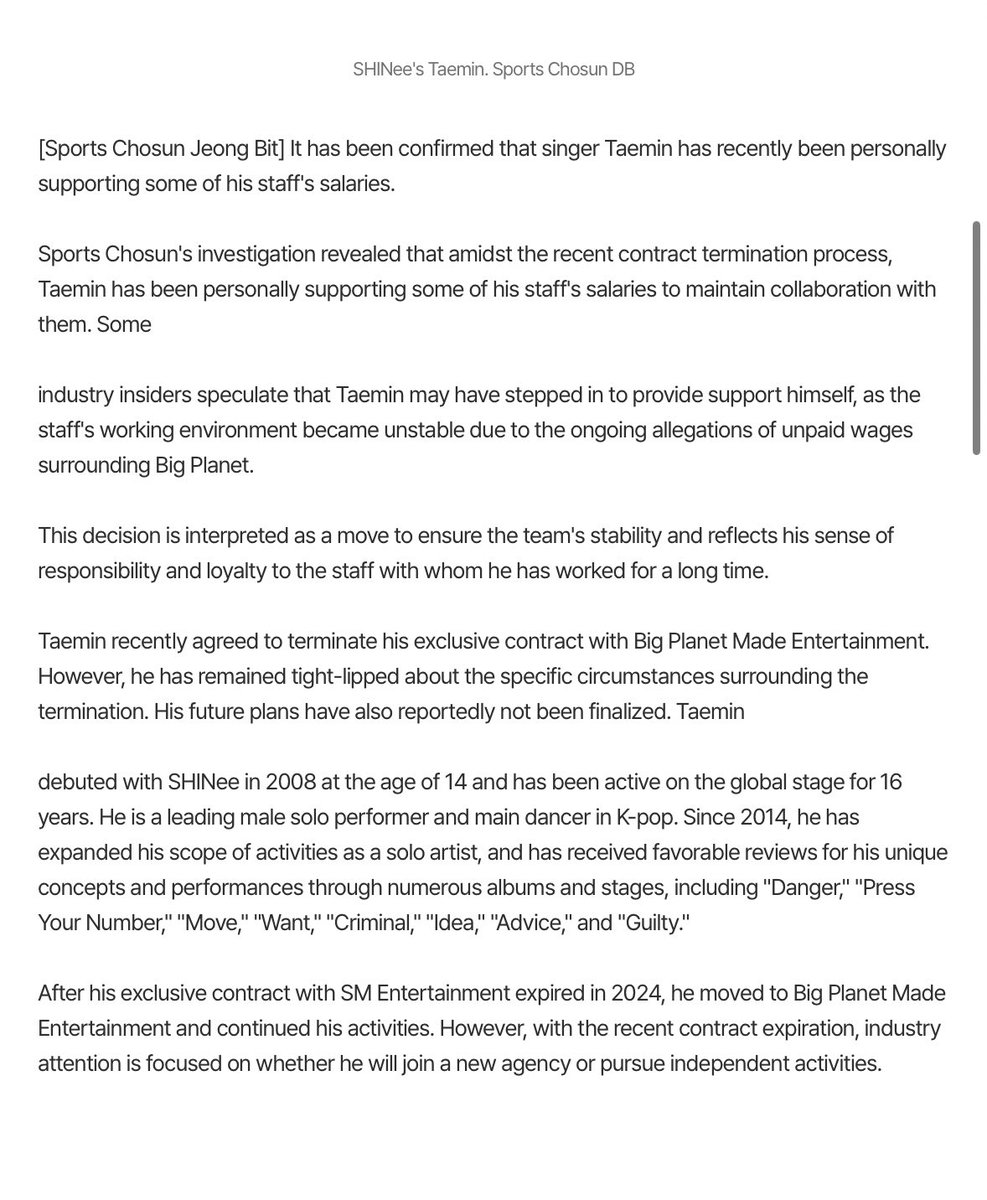 “SHINee’s Taemin personally covered staff salaries. His loyalty also stood out.

It has been confirmed that singer Taemin recently covered part of some staff members’ salaries out of his own pocket
According to a report by Sports Chosun, amid various complications that arose