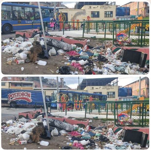 CharlyMunevar's tweet photo. Foto tomada ayer frente al colegio Tesoro La Cumbre cerca al parque infantil alrededores de las IED son el depósito predilecto de basuras. Foco de enfermedades, virus y plagas. @CarlosFGalan @Educacionbogota @Uaesp seguiremos denunciando ! @fecode @MafeCarrascal @Nelsonalarcon74 https://t.co/qLjCGCRr4P