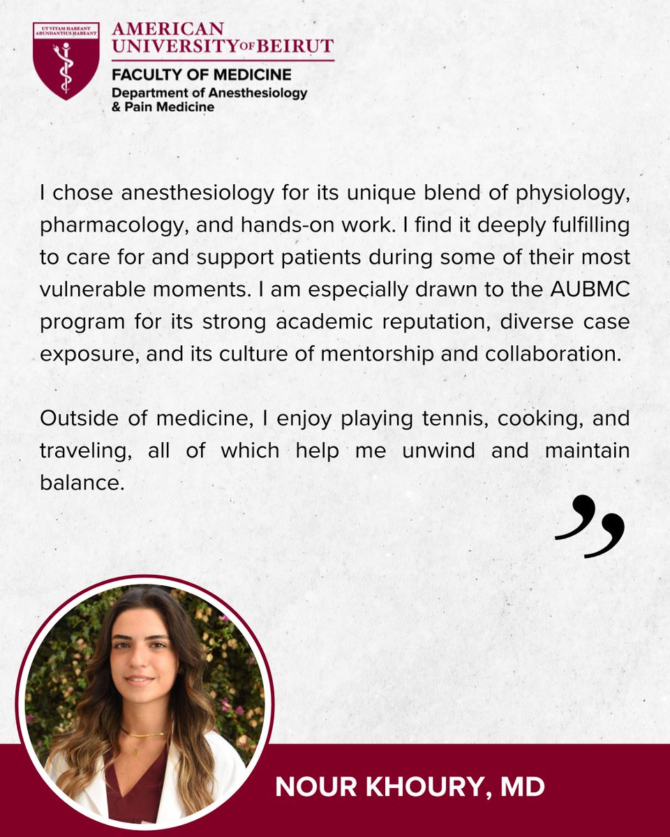 AUB_Anesthesia's tweet photo. We are delighted to welcome Dr. Nour Khoury, who joined our residency program in June 2025 as a PGY-1 resident after completing her medical degree at the American University of Beirut.

We look forward to working with you as you embark on your career in anesthesiology.

#AUBFM https://t.co/UCTi5mAmgE