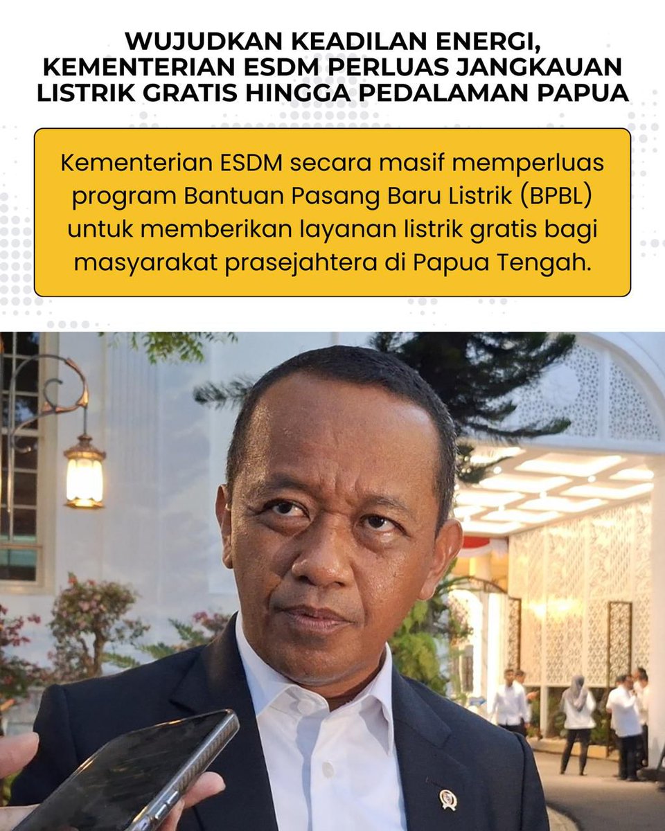 fokusberitaid's tweet photo. Menteri ESDM Bahlil Lahadalia melalui Kementerian ESDM memperluas program Bantuan Pasang Baru Listrik (BPBL) hingga ke pedalaman Papua.
Program ini  bagian dari upaya pemerataan dan keadilan energi nasional.
#bahlillahadalia
#darirakyatuntukenergi
#viral
#esdmfu https://t.co/qf9Ggpygfj