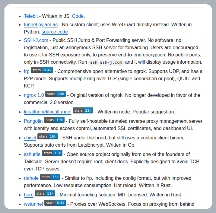 tom_doerr's tweet photo. List of tunneling software for self-hosting

https://t.co/ol048JcsUV https://t.co/WBKzKv70d5