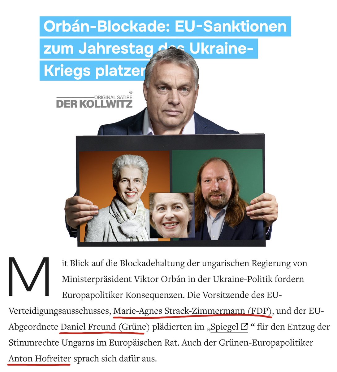 Das Bollwerk Orban bleibt stabil!
EU scheitert an Orbán-Blockade – Keine neue Sanktionen und Hilfen zum Jahrestag des Ukraine-Kriegs!!!

Die Vorsitzende des EU-Verteidigungsausschusses, Marie-Agnes  Strack-Zimmermann (FDP), und der EU-Abgeordnete Daniel Freund (Grüne)  plädierten