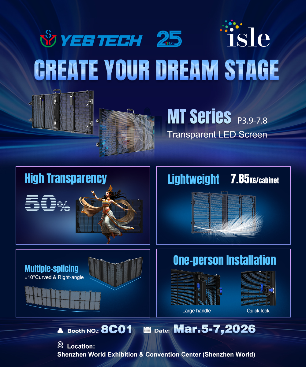 YESTECH_LED's tweet image. Feel the charm of transparency at Booth 8C01.
MT returns to the spotlight at ISLE 2026 — easy to handle, easy to shape.
From March 5-7, discover how our top transparent solution fits seamlessly into stage designs, adding layers and visual magic.
See you there!
#YESTECH #ISLE2026
