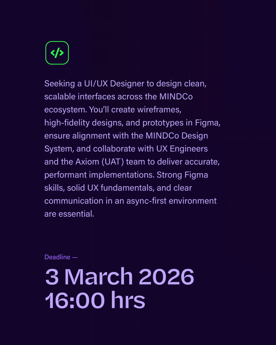 We’re hiring a Production Designer (UI/UX) to design, prototype &amp; deliver seamless digital experiences at MINDCo!

Help shape Maldives’ digital public infrastructure.

Apply: gazette.gov.mv/iulaan/382484
Send applications to: careers@mindco.mv
Deadline: 03/03/26, 16:00hrs