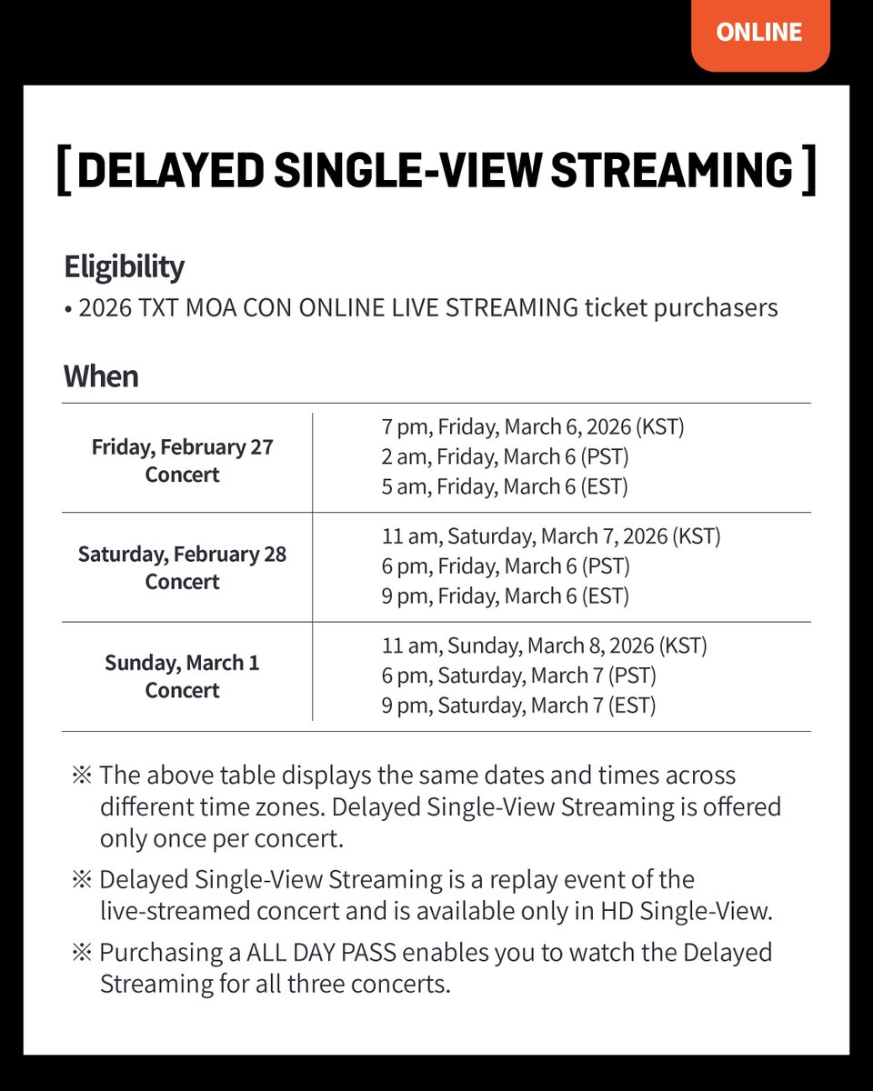 2026 TXT MOA CON

ONLINE GUIDE✅

2026.02.27 7PM (KST)
2026.02.28 6PM (KST)
2026.03.01 5PM (KST) 

#투모로우바이투게더 #TOMORROW_X_TOGETHER #TXT
#TXT_MOACON #2026_TXT_MOACON