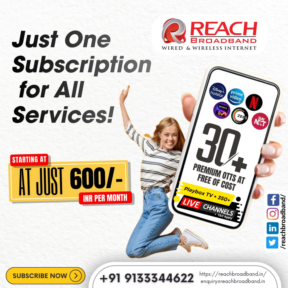 Reach_Broadband's tweet image. #REACHBroadband #OneSubscription #EntertainmentPlan #OTTApps #LiveTV #DisneyPlusHotstar #PrimeVideo #SonyLiv #Zee5 #SunNXT #600PerMonth #Rangareddy #Telangana #HomeFibernet #DigitalEntertainment #SmartHome #NoMoreSeparateBills #BestBroadband #StayConnected #FiberNetService