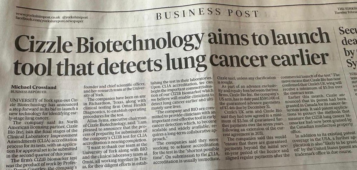 Its great to see <a href="/CizzlePlc/">Cizzle Biotechnology plc</a> in the <a href="/yorkshirepost/">The Yorkshire Post</a>! This Yorkshire company is starting to get noticed, and it deserves it.

Let's get this life-changing lung cancer test out into the world and start saving lives! #CIZ