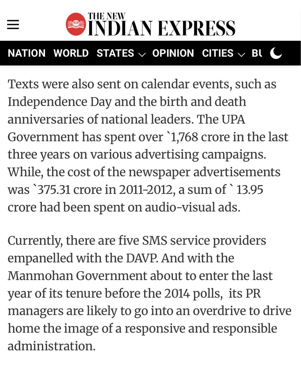 Indian Express dated 2012

100 crore text messages were send by the Congress UPA government. A total of ₹1768 crore spend on advertisements campaigns. 

5 SMS service providers were empaneled by the Manmohan Singh government to spam via text messages.