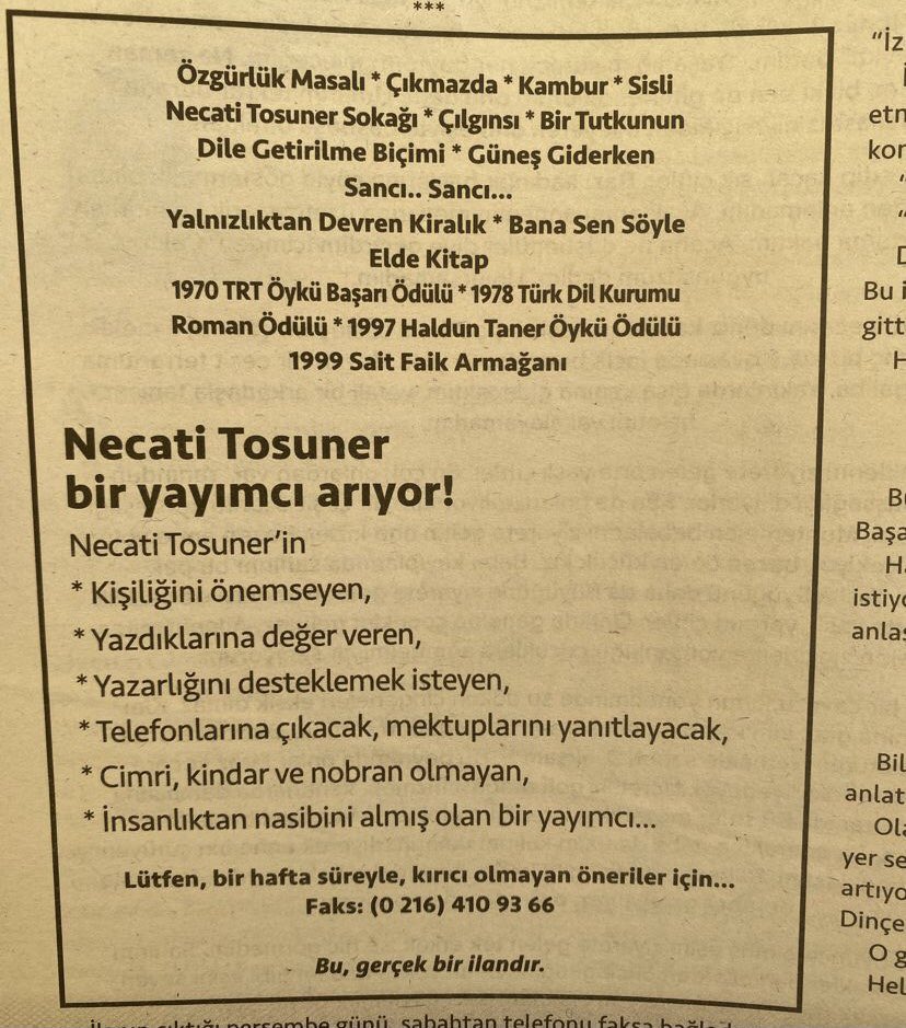 Necati Tosuner’i bu ilanı olmadan anmamak gerekir. Allah rahmet eylesin.