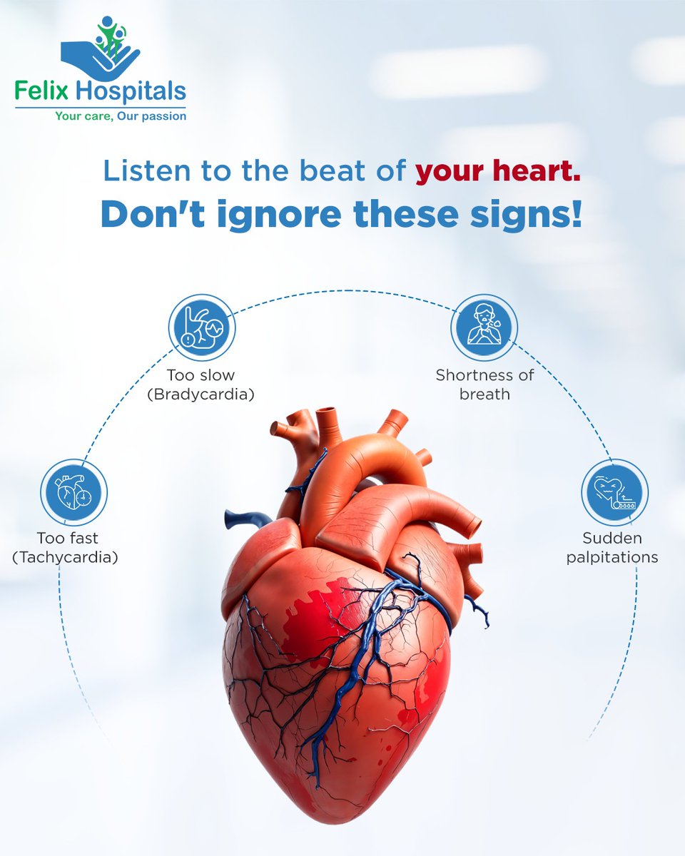 WellnessFelix's tweet photo. Your heart has its own rhythm — pay attention when it feels off.
A racing pulse, unusually slow heartbeat, breathlessness, or sudden fluttering sensations shouldn’t be ignored.
#HeartHealth #ECGTest #CardiacHealth #HeartSymptoms #IrregularHeartbeat #HeartRhythm #FelixHospital https://t.co/2DL14XfEoV