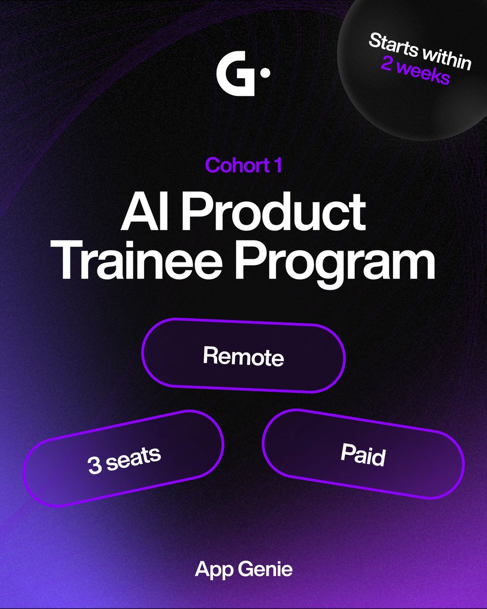 appgco's tweet photo. We’re opening Cohort 1 of App Genie’s AI Product Trainee Program.

It’s 3 seats, remote, full-time, and paid.

Starting within 2 weeks.

You’ll work on real internal + client projects, and if you pass the bar, you’ll get a full-time offer.

Applications are rolling and we may close early once filled.

Apply from the link in the bio