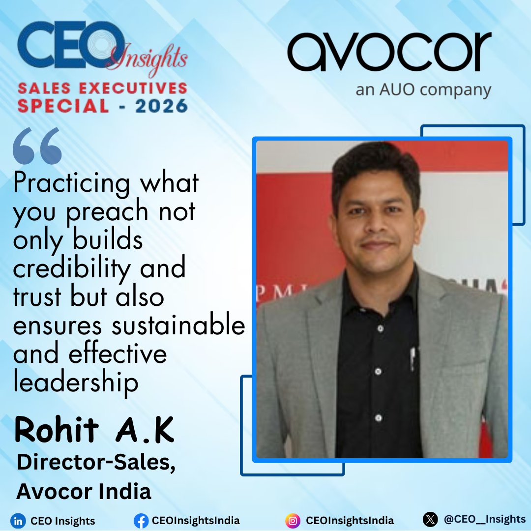 CEO__Insights's tweet image. Rohit A.K, Director-Sales, Avocor India has been selected by #CEOInsightsIndia as one of the 'Sales Executives Special - 2026'.

Read More: lnkd.in/ghV-2q23

#SalesExecutivesSpecial #customerengagement #industrydevelopments #strategicinnovation #sustainableleadershipgrowth