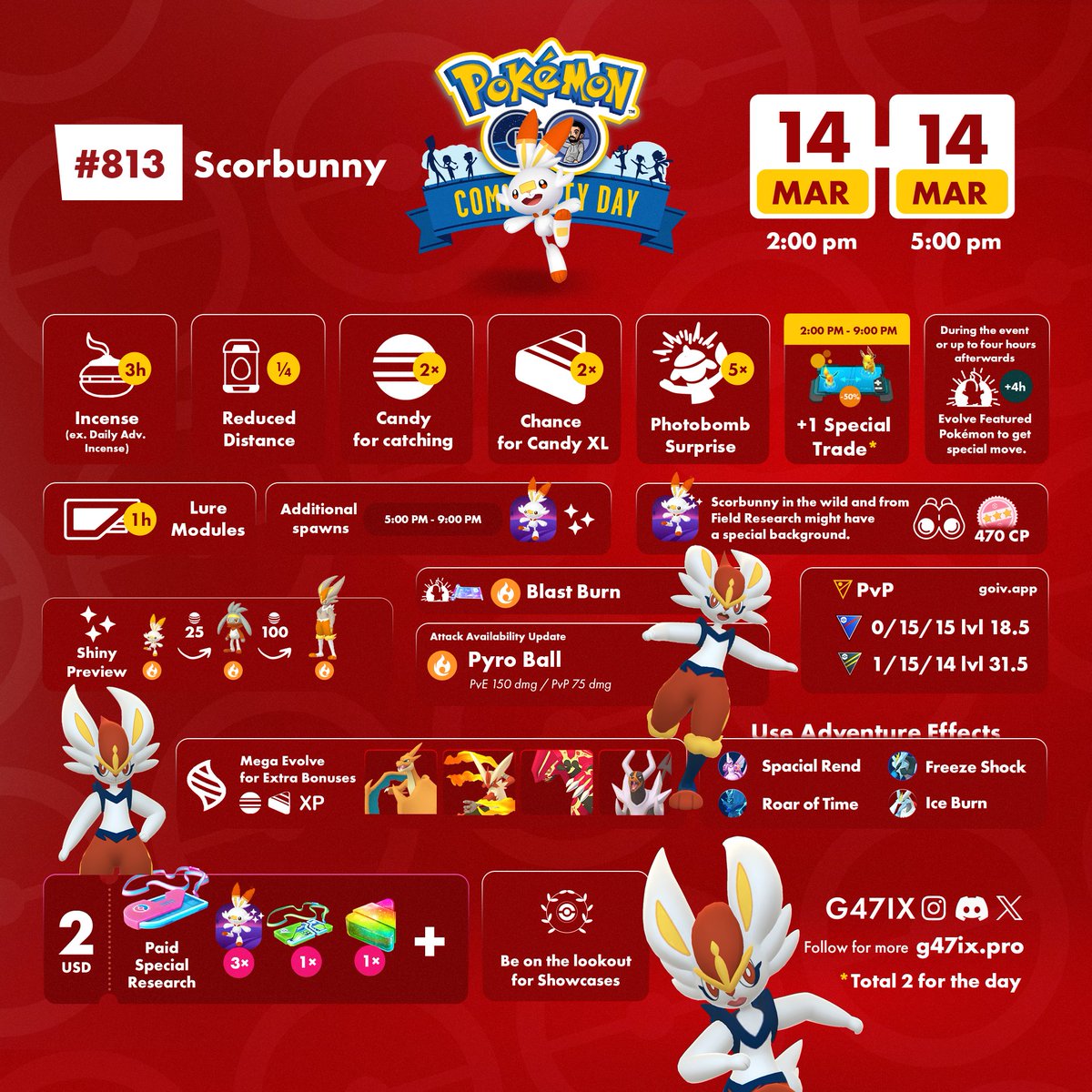 g47ix's tweet image. March Community Day: Scorbunny 🐰🔥

Evolve into Cinderace to get Blast Burn 💥
Plus Pyro Ball will be available too ⚽️🔥
#PokemonGO #CommunityDay
