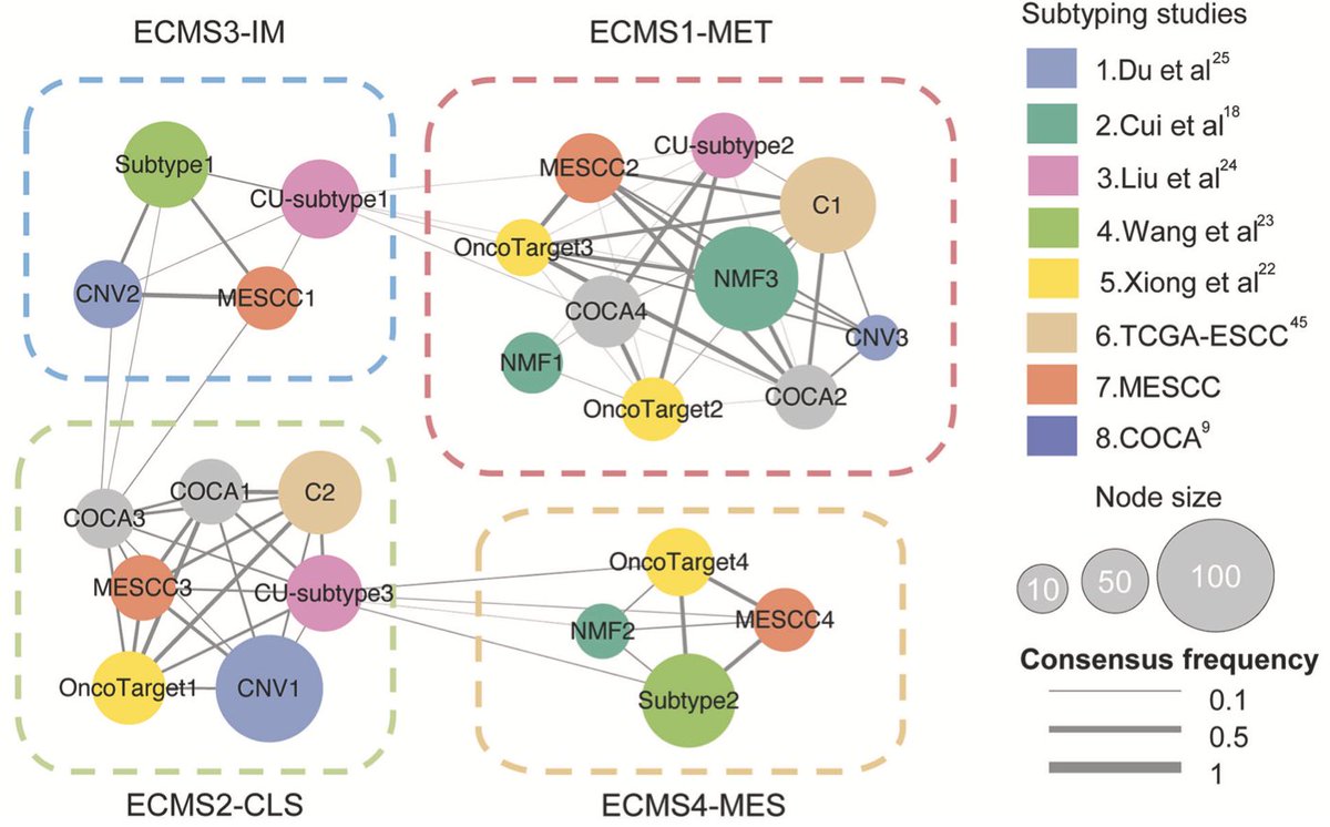 DaisukeKotani's tweet image. Consensus Molecular Subtypes of #ESCC
✅Key previous classifications
◾️TCGA: ESCC1, ESCC2, ESCC3 (Nature 2017)
◾️Multi-omics: NRFA, CCA, IM, IS (Cancer Cell 2023)

✅This study integrates 8 prior systems to establish 4 consensus subtypes
◾️ECMS1-MET (metabolic): Dysregulated