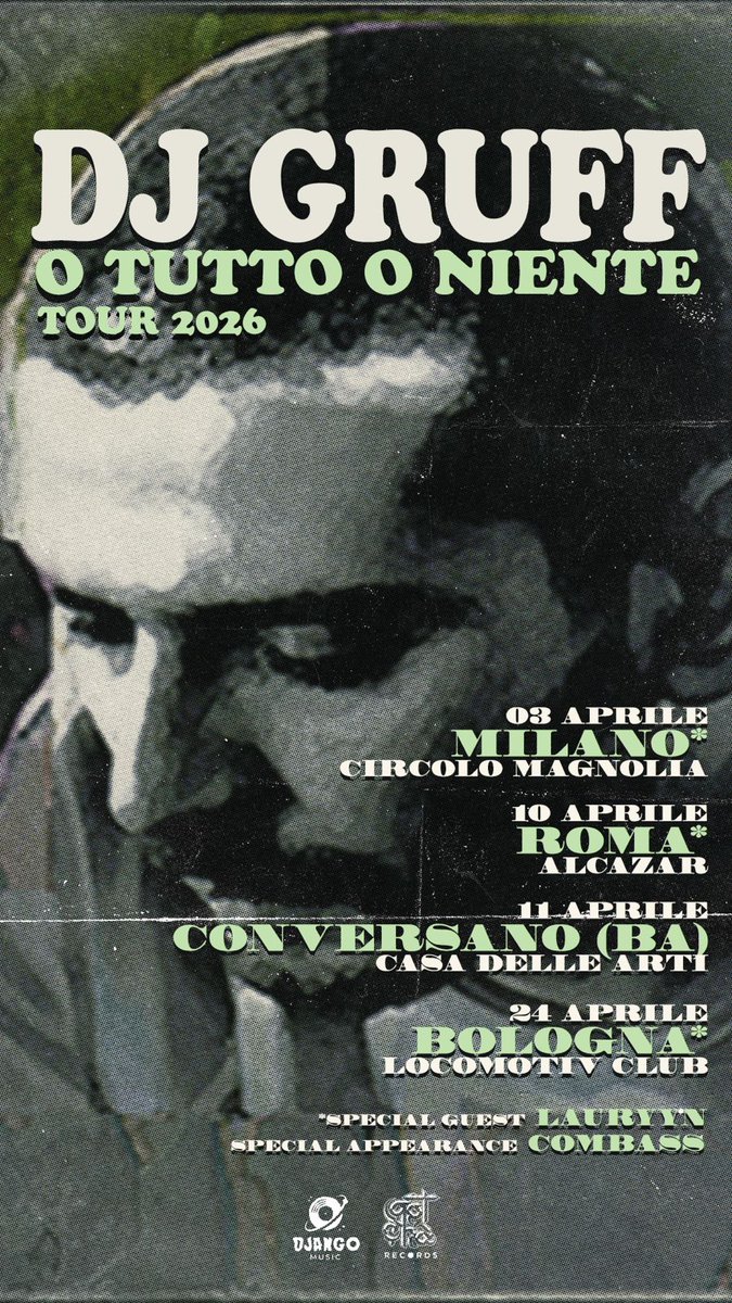 Combass's tweet photo. 𝗢 𝗧𝗨𝗧𝗧𝗢 𝗢 𝗡𝗜𝗘𝗡𝗧𝗘 𝗧𝗢𝗨𝗥

Quattro appuntamenti, un’unica occasione per ascoltare dal vivo il terzo album di studio di DJ Gruff, originariamente uscito nel 1999.
Io al basso.
Biglietti disponibili da ora!
 https://t.co/CWTooVi98c https://t.co/GzMqfRGwto
