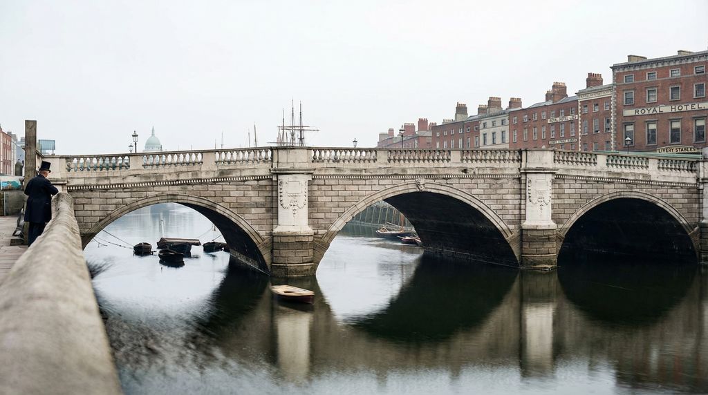 1870s, Before O'Connell

Before it was dramatically widened as O’Connell Bridge, Carlisle Bridge crossed the Liffey in a narrow three-arch span. Small boats rest in the Liffey below, the Royal Hotel lines the quay, and the dome of the Four Courts rises through the distant haze.