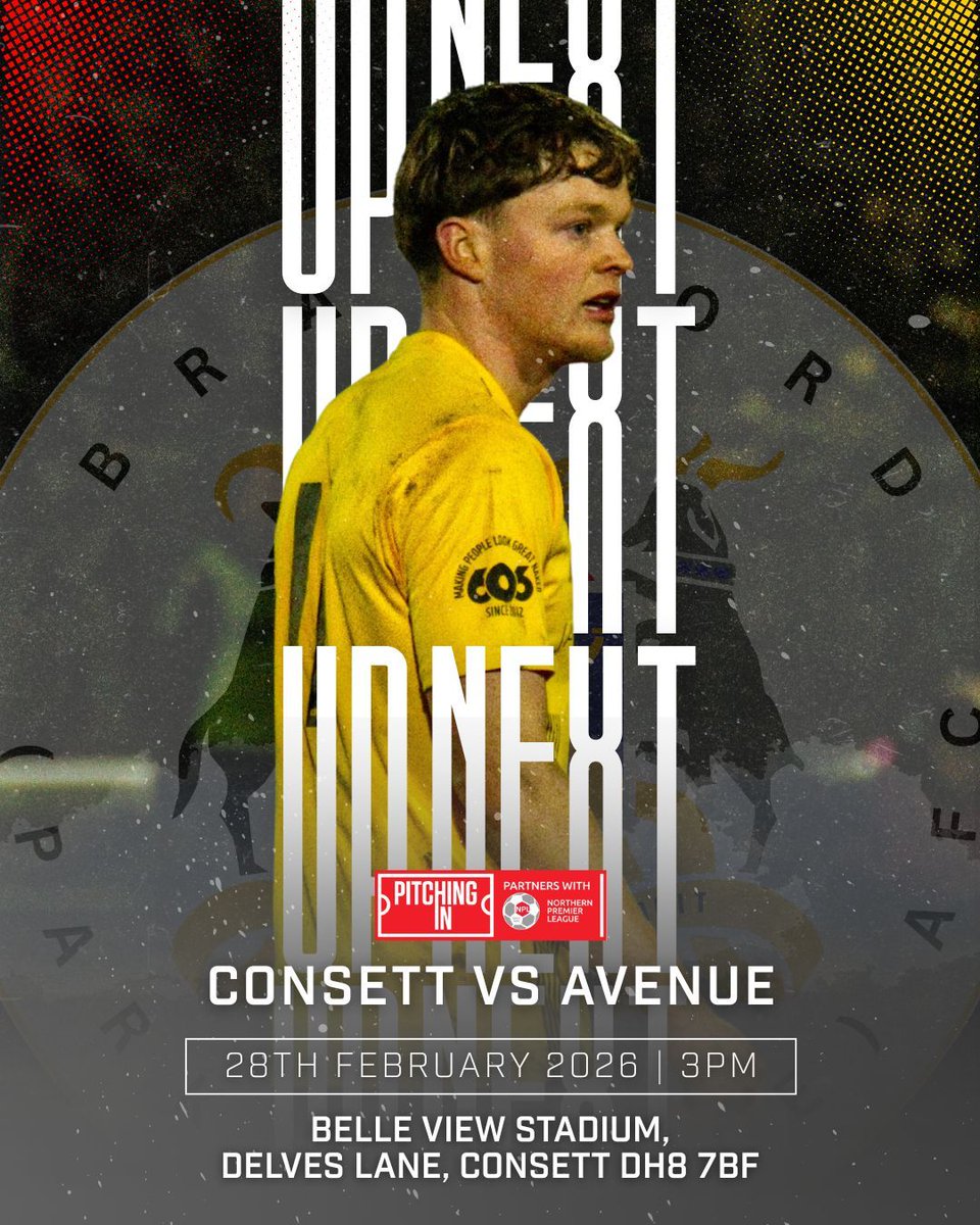 Disappointment at the weekend — now it’s about response.

A big chance to bounce back on the road this Saturday.

Belle View Stadium
Delves Lane, Consett DH8 7BF
28th February 2026 | 3pm
Consett vs Avenue

Cash ONLY on the gate for travelling supporters.

#Bradford #ParkAvenue