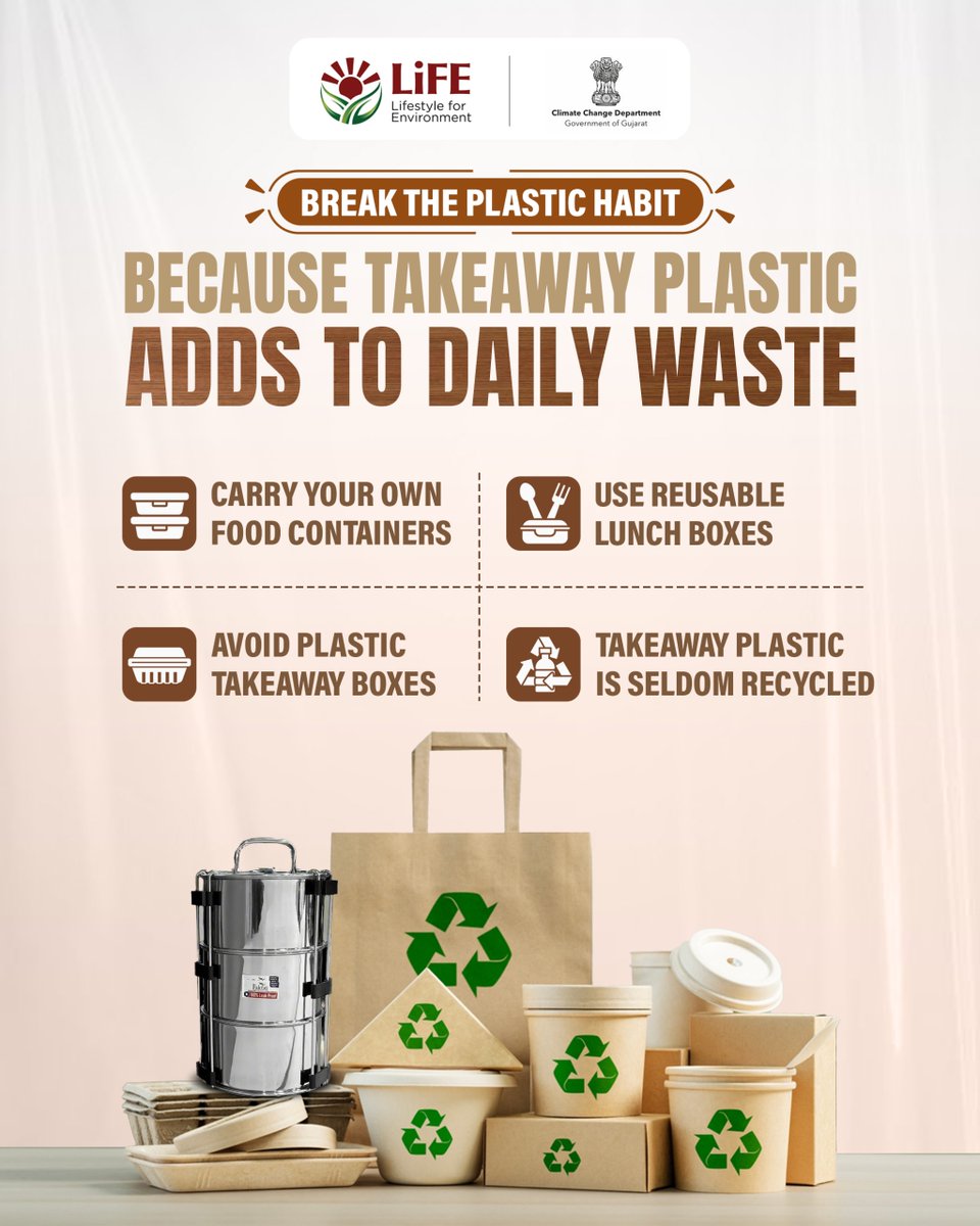 ClimateChangeGJ's tweet photo. Plastic takeaway packaging is used once and discarded. Reusable containers reduce daily plastic waste.
#SmallHabitsBigImpact #OneSmallChangeOneBigOutcome #climatechangedepartment #CCD #MissionLife #ClimateChange #Gujarat https://t.co/EsLSk8Lszm
