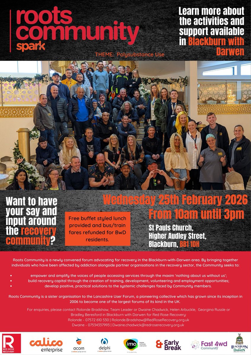 RRR_LUF's tweet image. Roots Community User Forum 🌿📣 

Come along tomorrow to the Roots Community User Forum at St Paul’s Church, Blackburn, 10am. Join us to connect, share ideas, and have your say!

#RedRoseRecovery #CommunityConnections