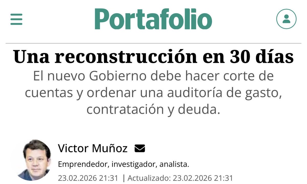 Una reconstrucción en 30 días

Columna vía <a href="/Portafolioco/">Portafolio</a> 

El nuevo Gobierno debe hacer corte de cuentas y ordenar una auditoría de gasto, contratación y deuda.

El gobierno que se posesione el 7 de agosto de 2026 no puede llegar a administrar: tiene que llegar a reconstruir.