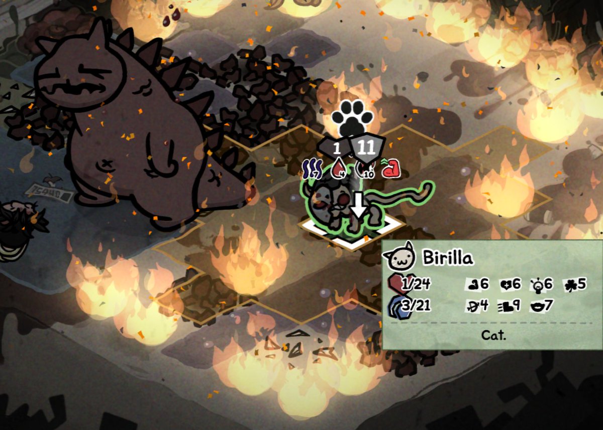 sockbucket's tweet photo. Shoutout to this level one cat I didnt care about about to take the final shot on this boss thats had me stumped for days. Everyone else is dead, somehow by some miracle Birilla the goat clutched it #mewgenics https://t.co/FcacL26kdg