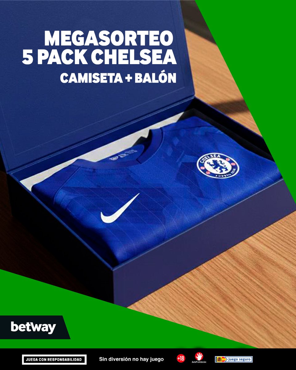 𝐌𝐄𝐆𝐀𝐒𝐎𝐑𝐓𝐄𝐎 𝐏𝐀𝐂𝐊 𝐂𝐇𝐄𝐋𝐒𝐄𝐀 (𝐂𝐀𝐌𝐈𝐒𝐄𝐓𝐀+𝐁𝐀𝐋𝐎́𝐍)🔝 

Este martes en Betway estamos muy generosos y por eso sacamos este sorteazo para TODOS nuestros seguidores. Tienes la oportunidad de ganar la primera equipación del Chelsea y un balón del conjunto