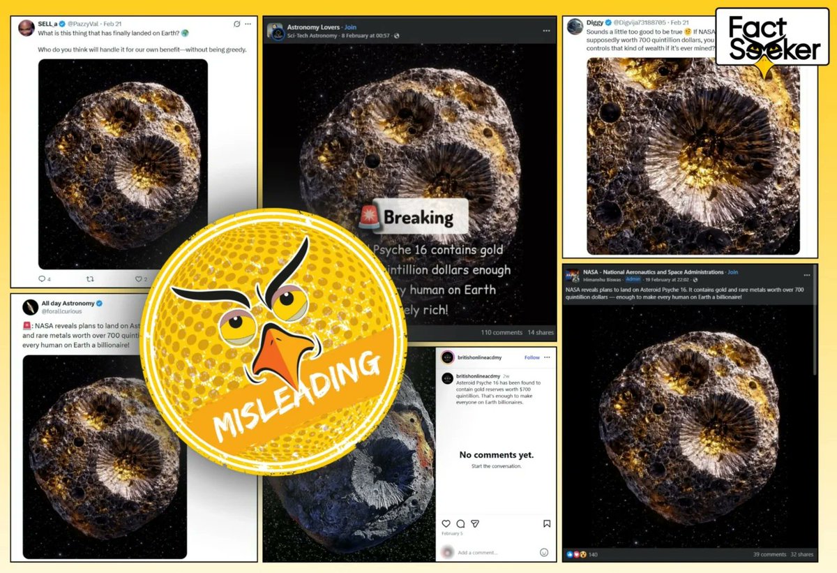 NASA Is Not Planning to Mine or Land on Asteroid 16 Psyche
Link - factseeker.lk/blog/news/nasa…
#misleading #nasa #factcheck #factseeker #slpi