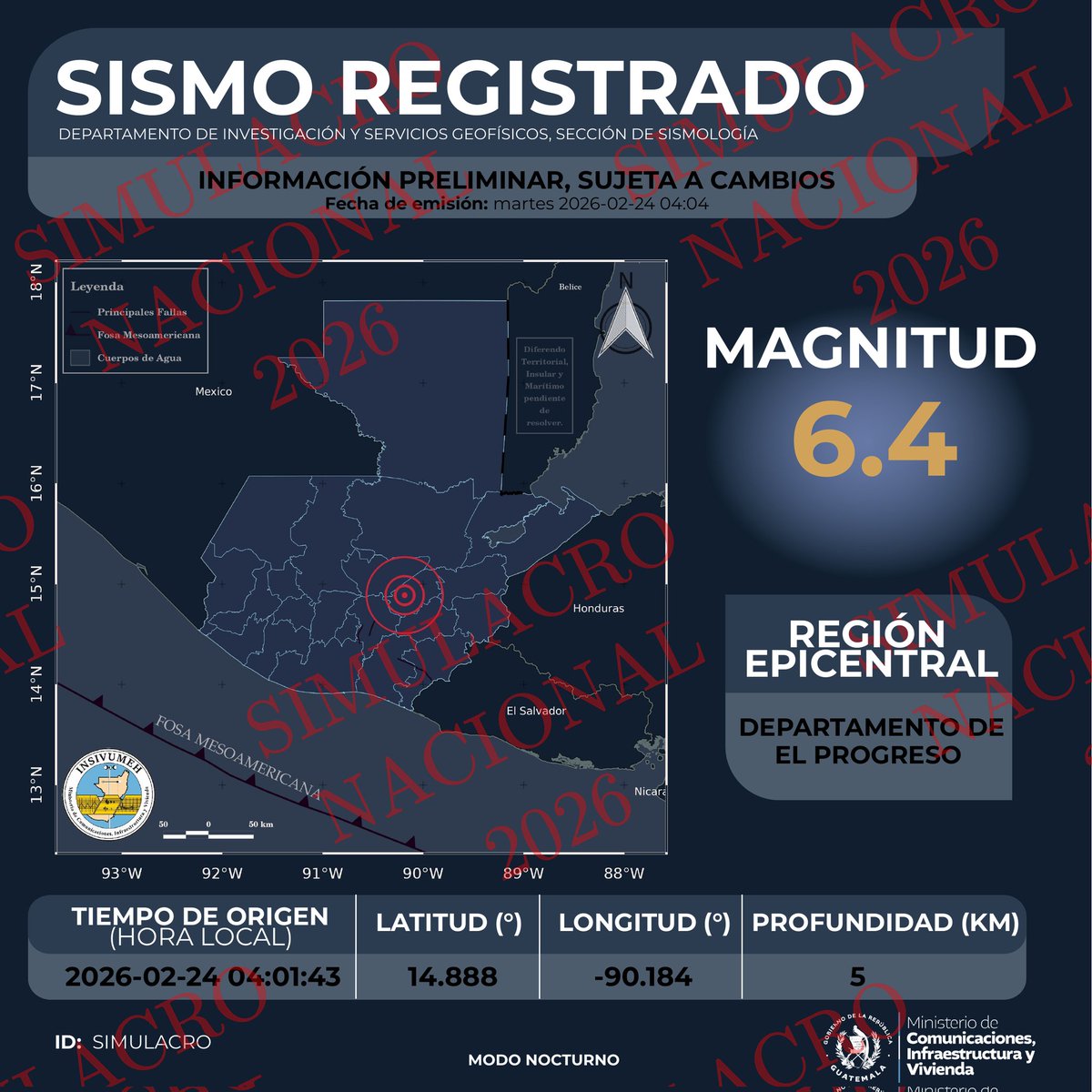insivumehgt's tweet photo. BOLETĺN SISMOLÓGICO 
SISMO REGISTRADO 
Región epicentral:  DEPARTAMENTO DE EL PROGRESO 
24 de febrero de 2026. 04:01:43 hrs. 

#SomosINSIVUMEH  #PasiónPorLaCiencia #AlPuebloDignoSeLeResponde #CIV #TemblorGT #SismoGT https://t.co/voTAs7YgrM