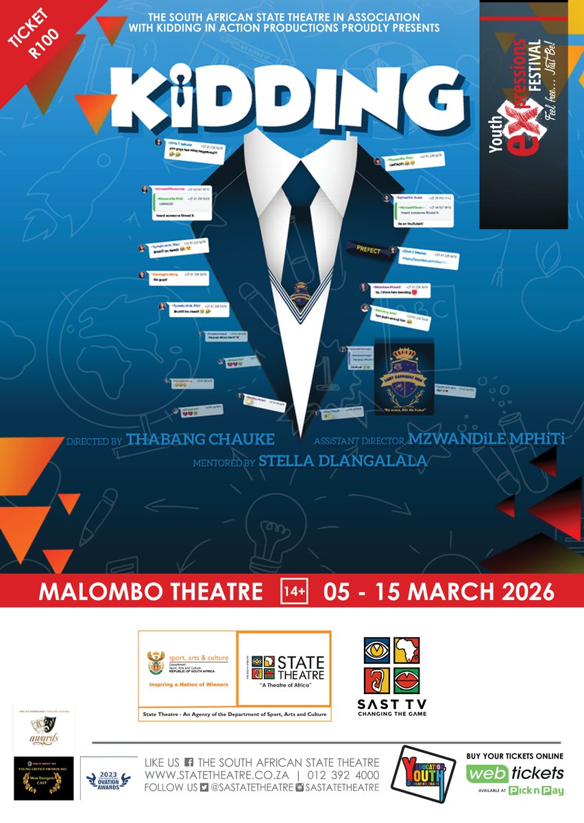 SouthState26712's tweet photo. Ten days of laughter, tears, love, and a whole ton load of fun — you’re invited!
Join us for KIDDING, a production mentored by the charismatic Stellar Dlangalala, live at the Malombo Theatre, from 5 – 15 March. https://t.co/I8wk8Pc3hU
