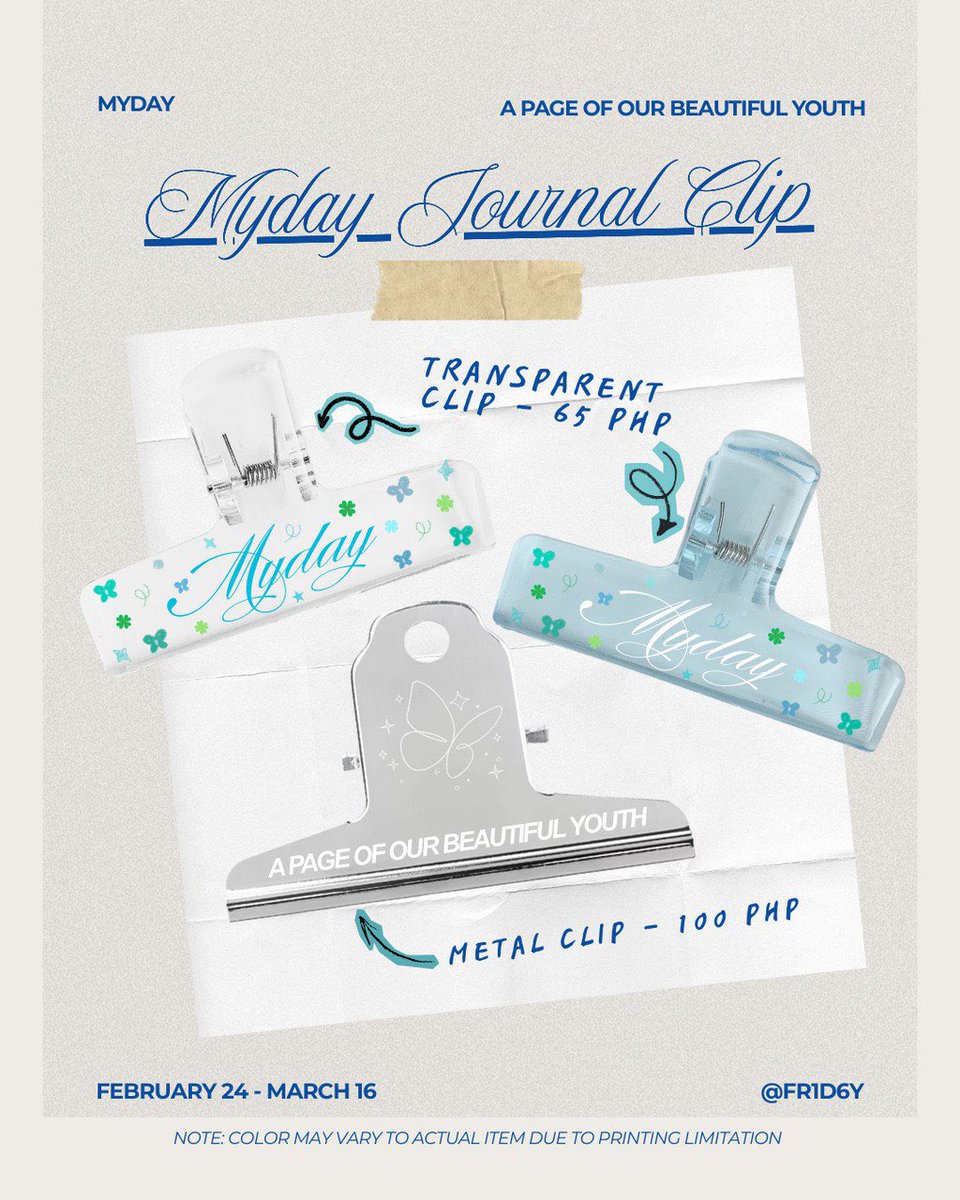 🍀 myday journal clips by fr1d6y 🍀

— 65 to 100 PHP
— 220 PHP per set 

(local shipping fee not included)

doo: march 16, 2026 (11:59pm)
dop: march 18, 2026 (11:59pm)

pre-order form: bit.ly/mydayjournalcl…

[wts lfb ph day6 myday fanmade journal clip metal acrylic]