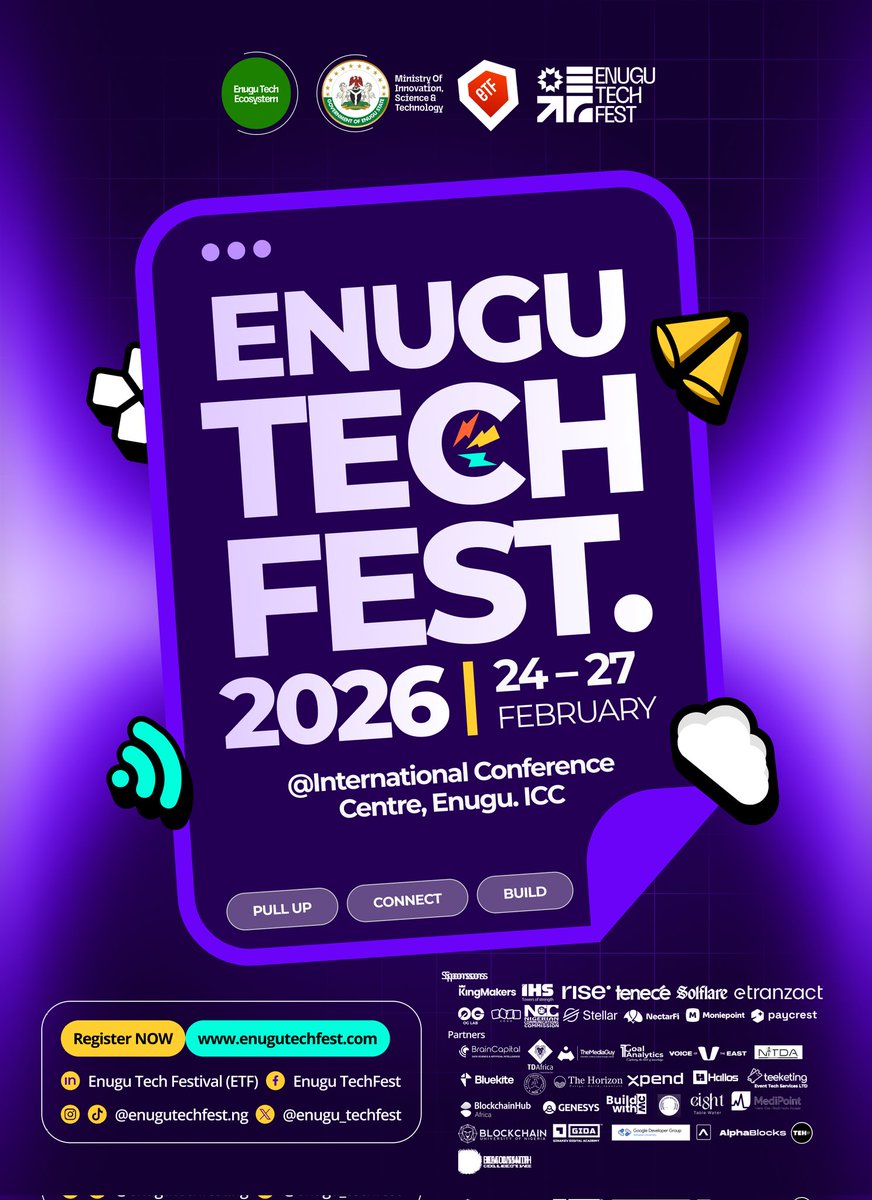 BOfoegbu34897's tweet photo. Enugu Tech Fest 2026 from coal to code
Live at International Conference Centre Enugu from 24th to 27th of February.
Pullup let's Connect and build.
@Enugu_techfest
Sponsored by @moniepont @StellarOrg @paycrest and others https://t.co/aOEwYUBRqI