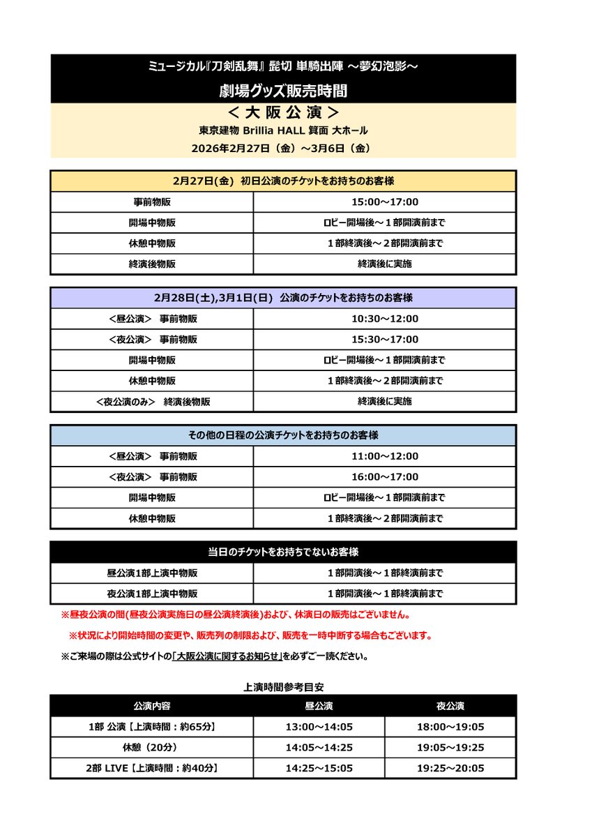 🫧髭切 単騎出陣 ～夢幻泡影～🫧
【劇場物販】
大阪公演の物販販売時間を公開いたしました。
musical-toukenranbu.jp/contents/help_…

公演日により販売時間が異なりますので、ご注意くださいませ。

#刀ミュグッズ