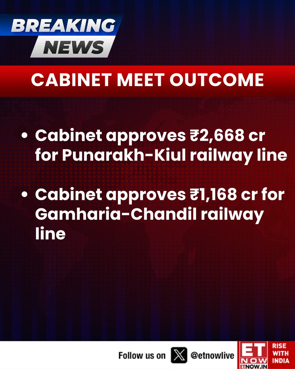 ETNOWlive's tweet photo. #BREAKING | Cabinet Meet Outcome: Cabinet approvals for Punarakh-Kiul railway line and Gamharia-Chandil railway line👇

#CabinetMeetOutcome #Cabinet #Bihar #Jharkhand https://t.co/rF5QMZUQgP