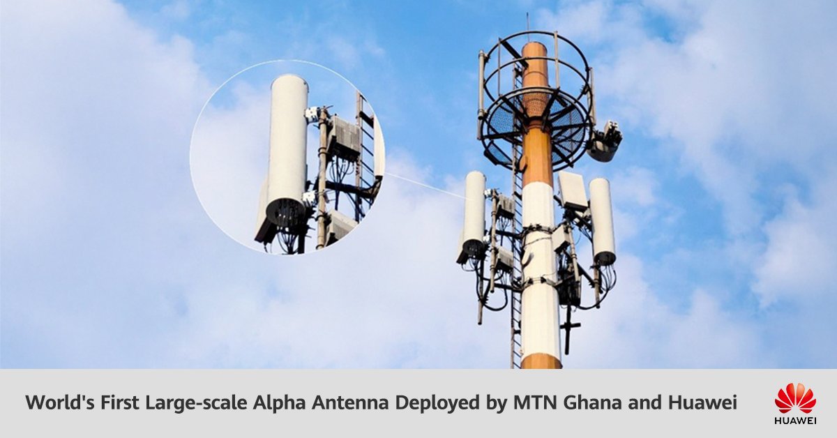 Huawei's tweet photo. .@MTNGhana and Huawei have successfully completed the world's first large-scale deployment of the Alpha Antenna, with the transition to intelligent and AI-driven innovation establishing a new benchmark for the evolution toward autonomous driving networks in Africa and globally.