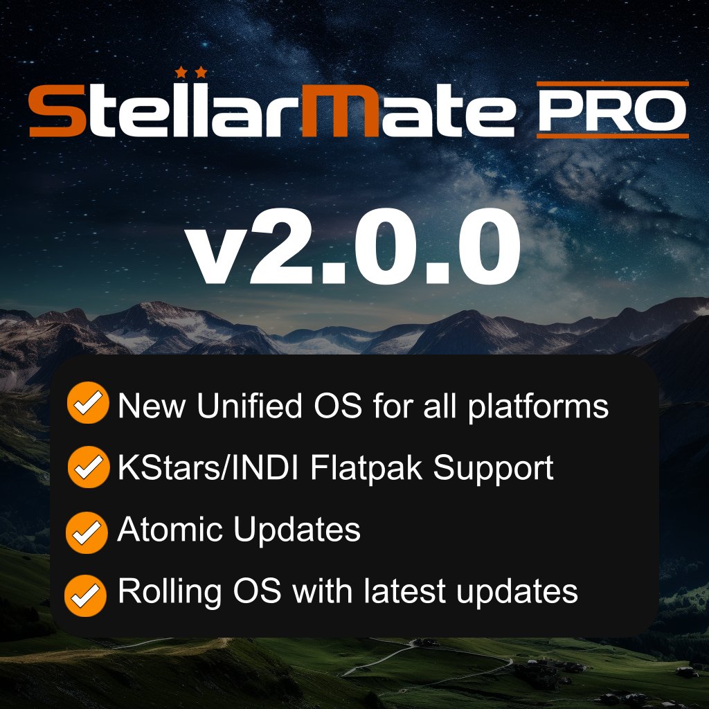 stellarmate's tweet photo. StellarMate OS v2 for StellarMate Pro is here!

Upgrade now for long-term support. Note: A full reflash is required as there is no update path from v1.9.
1️⃣ Log in to your account 
2️⃣ Go to Profile > Orders 
3️⃣ Download v2 &amp; flash!
Get it here: https://t.co/fp5cN8LbRy https://t.co/3AC3oHn6br
