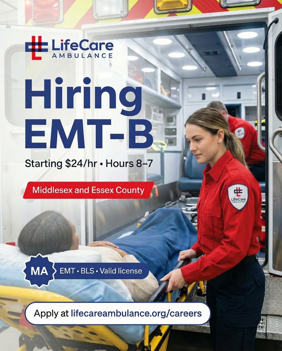 LCANewEngland's tweet image. Join our dedicated EMT team! 🚑 Serve the Merrimack Valley with LifeCare Ambulance. Apply now! &amp;gt;&amp;gt; lifecareambulance.org/careers/emerge…

#EMT #EMTLIFE #BLSPartner #EMTTRAINING